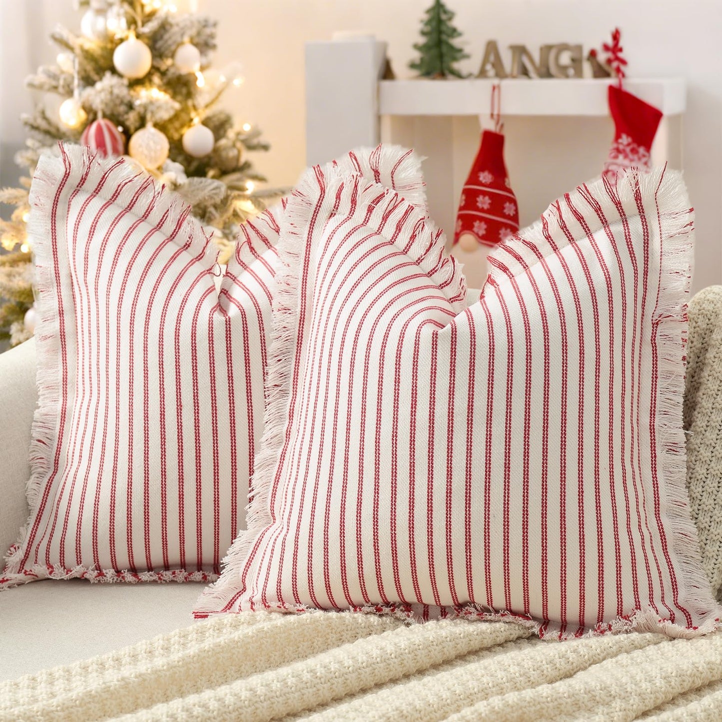 ZWJD Throw Christmas Pillow Covers 24x24 Set of 2 Striped Pillow Covers with Fringe Chic Cotton Decorative Pillows Square Cushion Covers for Sofa Couch Bed Living Room Farmhouse Decor