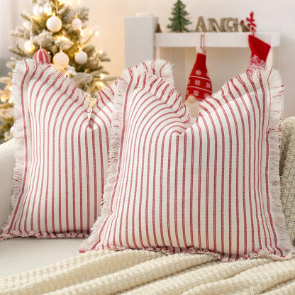 ZWJD Throw Christmas Pillow Covers 24x24 Set of 2 Striped Pillow Covers with Fringe Chic Cotton Decorative Pillows Square Cushion Covers for Sofa Couch Bed Living Room Farmhouse Decor