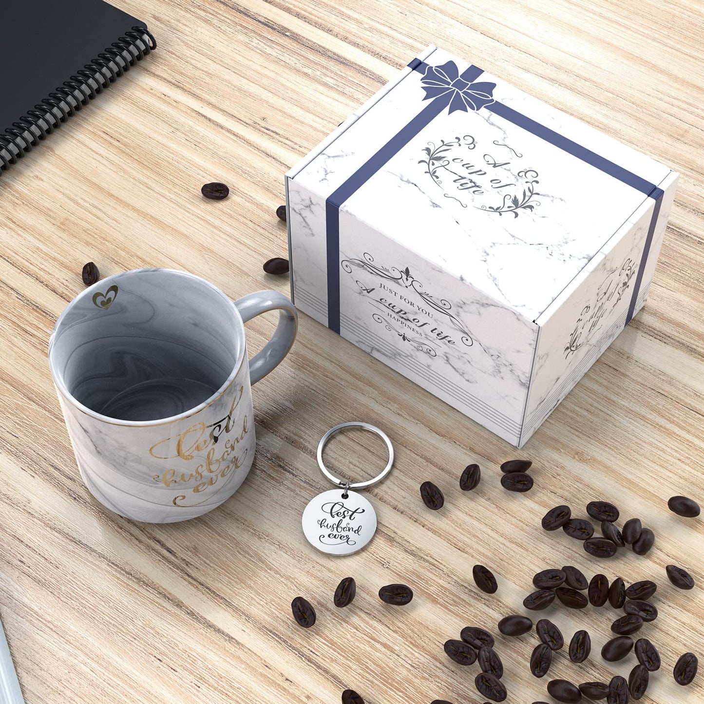 Gifts for Husband from Wife - Gray Marble Ceramic Coffee Mug Cup 11.5oz w/ KeyChain - Best Husband Ever - Birthday Gift Novelty Present for Anniversary, Valentines Day, Christmas Xmas, Thanksgiving