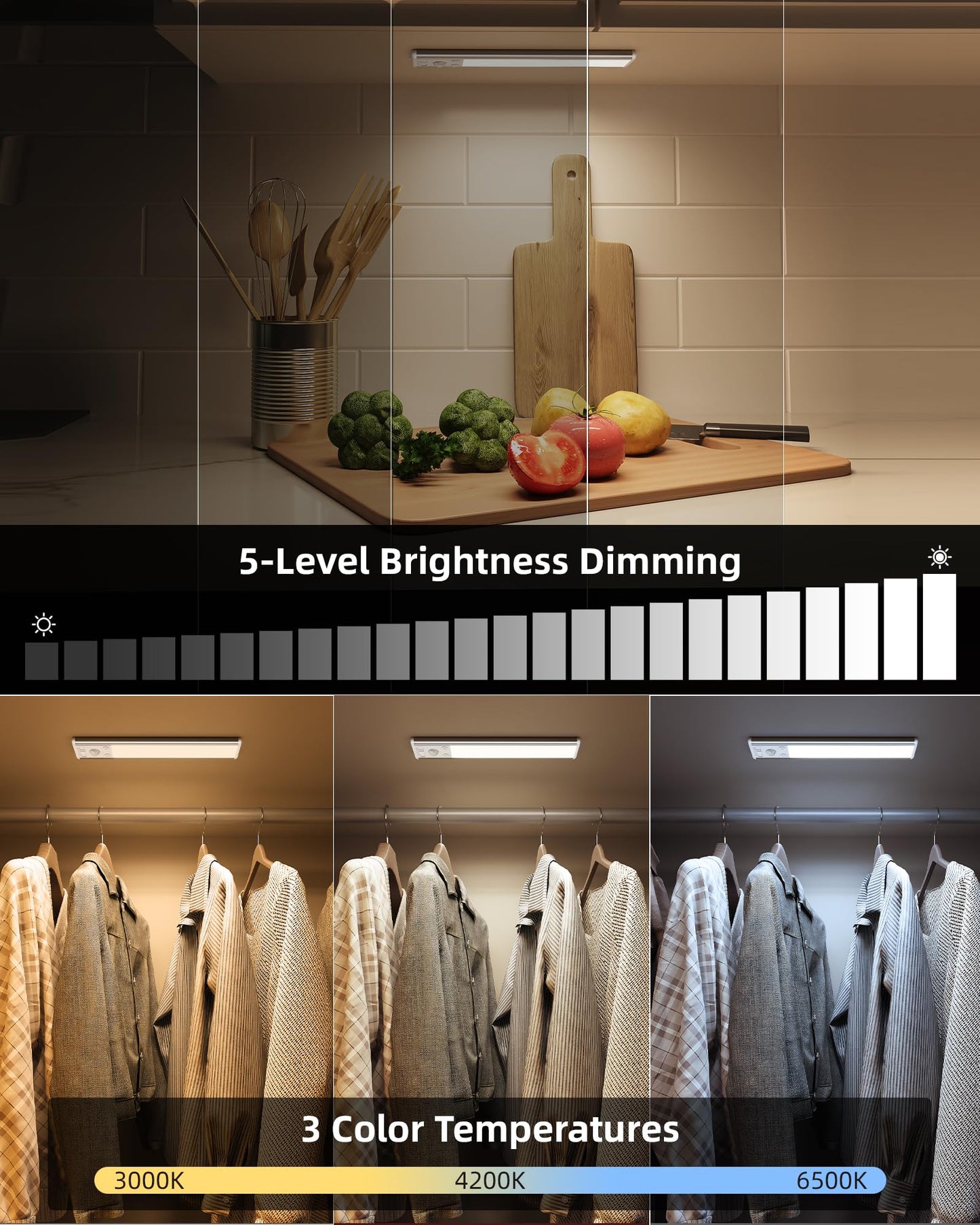 EZVALO 8" Under Cabinet Lighting, 2400mAh Rechargeable Motion Sensor Light Indoor, Mini & Slim Design, 3 Color Temps, Dimmable Magnetic Wireless Closet Lights for Kitchen, Pantry, Stairs (2 Pack)