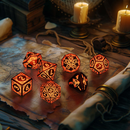LED Dice Set for DND - Magical Glow Light Up Dice, Rechargeable Polyhedral Dice, Wireless Charging Case & Full 7-Die Set, for D and D RPG Games (Orange)