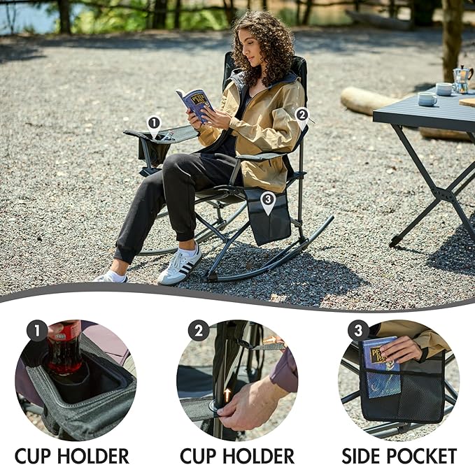 Portal Outdoor Rocking Chair Camping Folding Portable Rocker with Cup Holder Side Pocket Carry Bag, Support 350LBS (Black)