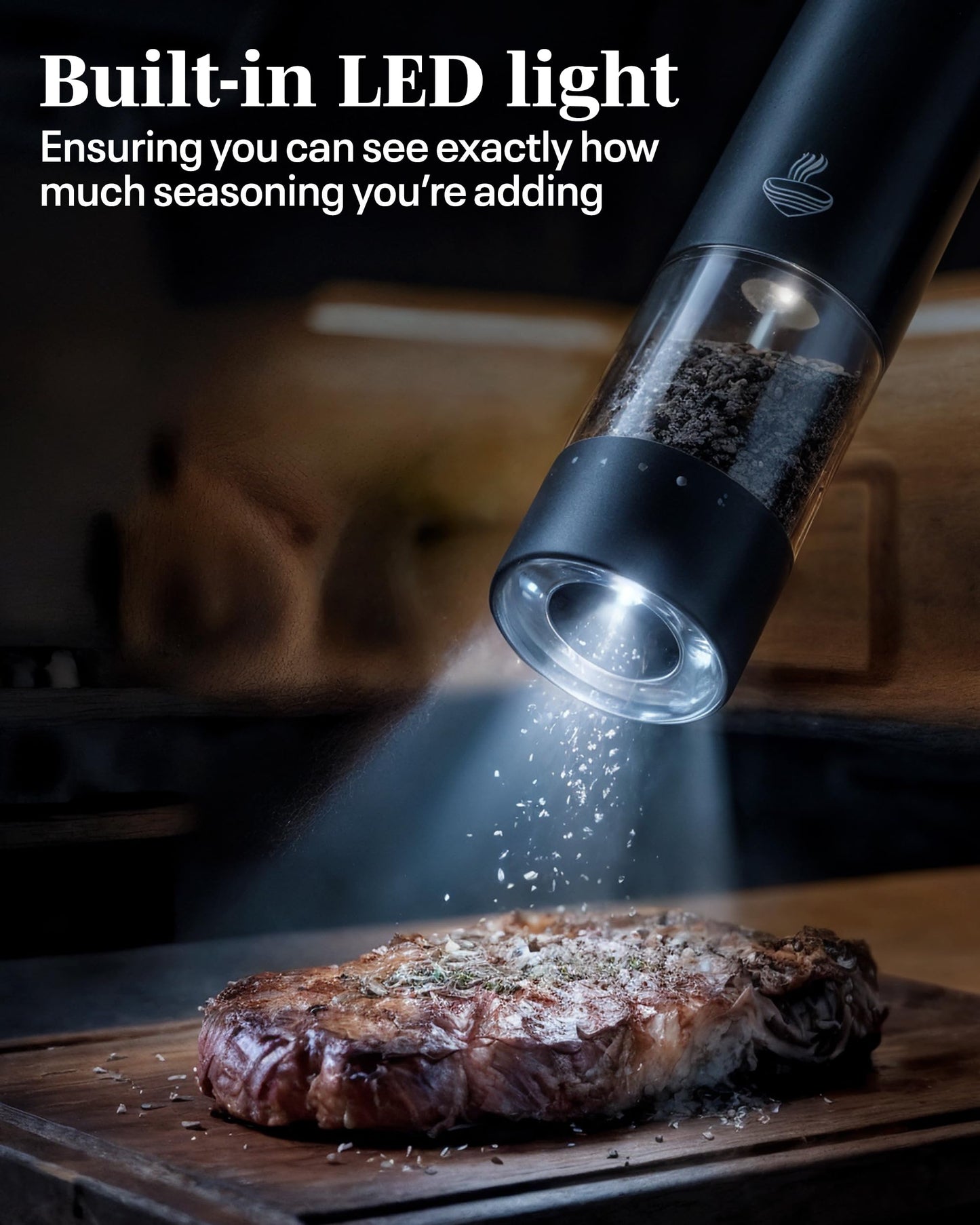 FLAVORAE Electric Salt and Pepper Grinder Set - Black 2 Pack Battery Operated Mills with 95ml Large Capacity, Adjustable Coarseness, Built-in LED Light, Automatic Salt & Pepper Shakers for Kitchen