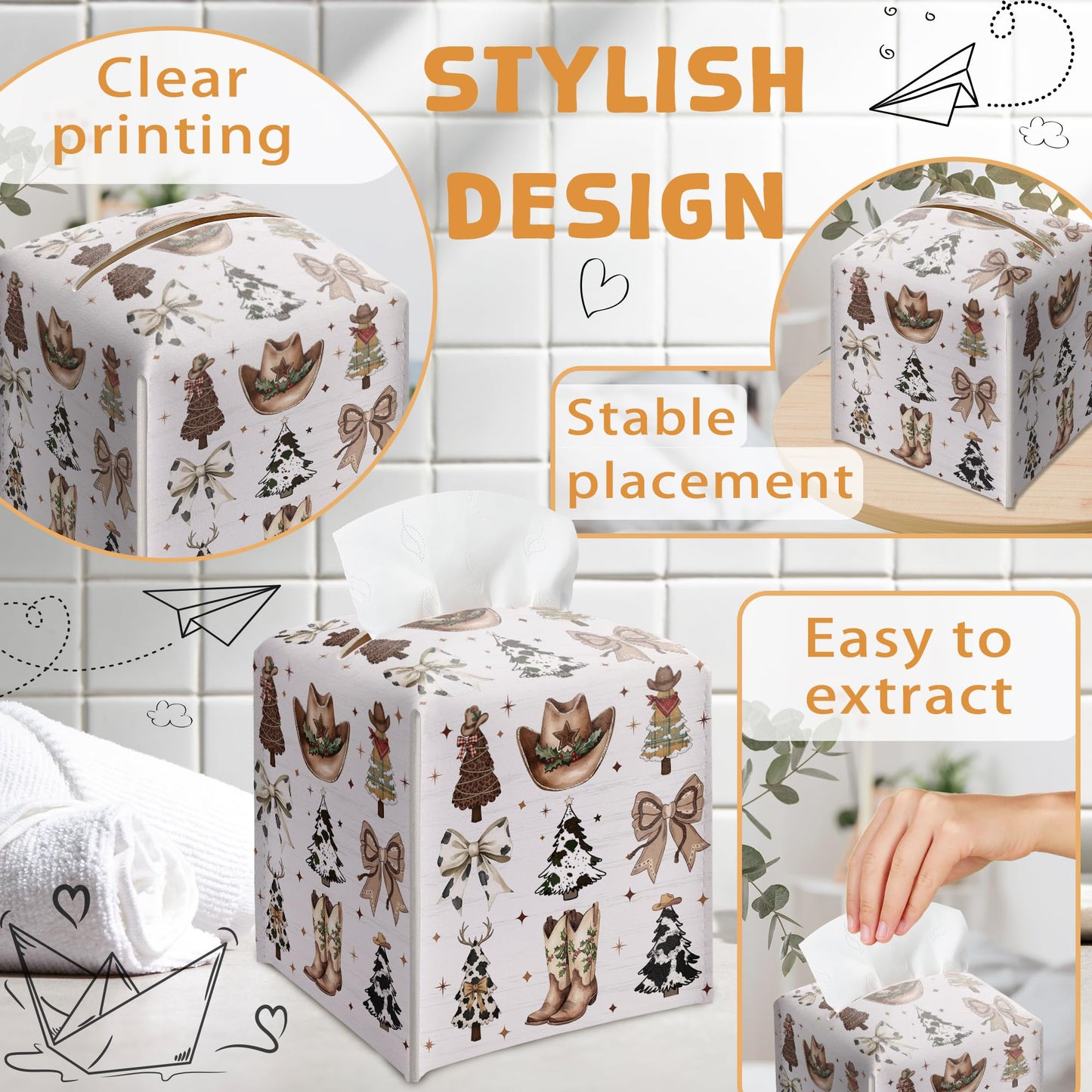 Country Christmas Tissue Box Holder, Cowgirl Boots Hat Christmas Trees Leather Tissue Box Cover Square, Paper Facial Decorative Tissues Cover for Bathroom Kitchen Office Home Decor-B33