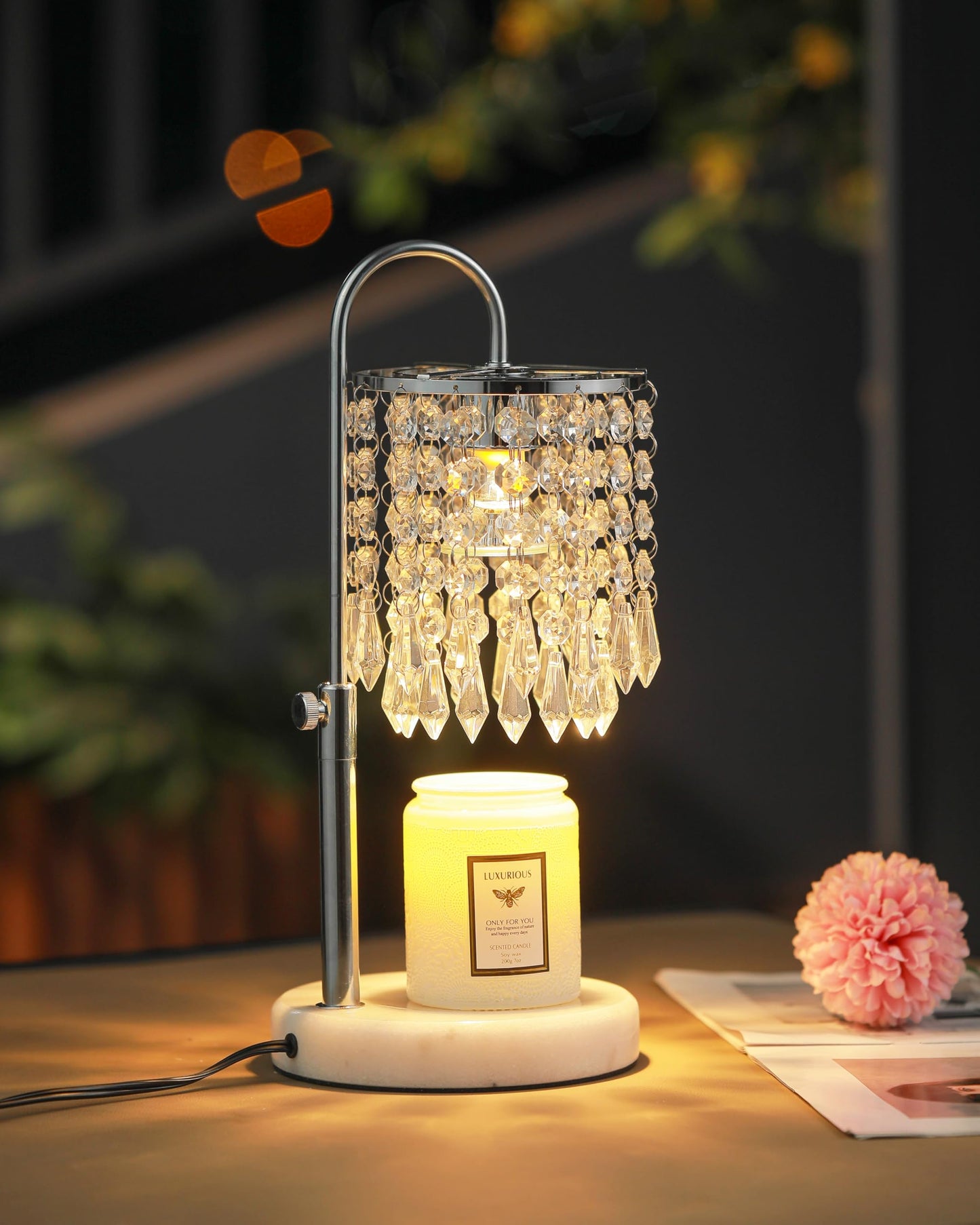 Candle Warmer Lamp with Timer Dimmer and 3 Bulbs, Candle Lamp Warmer with Marble Base for Adjustable Height, Crystal Candle Lamp for Jar Candles, House Warming Gifts Home Room Decor, Silver