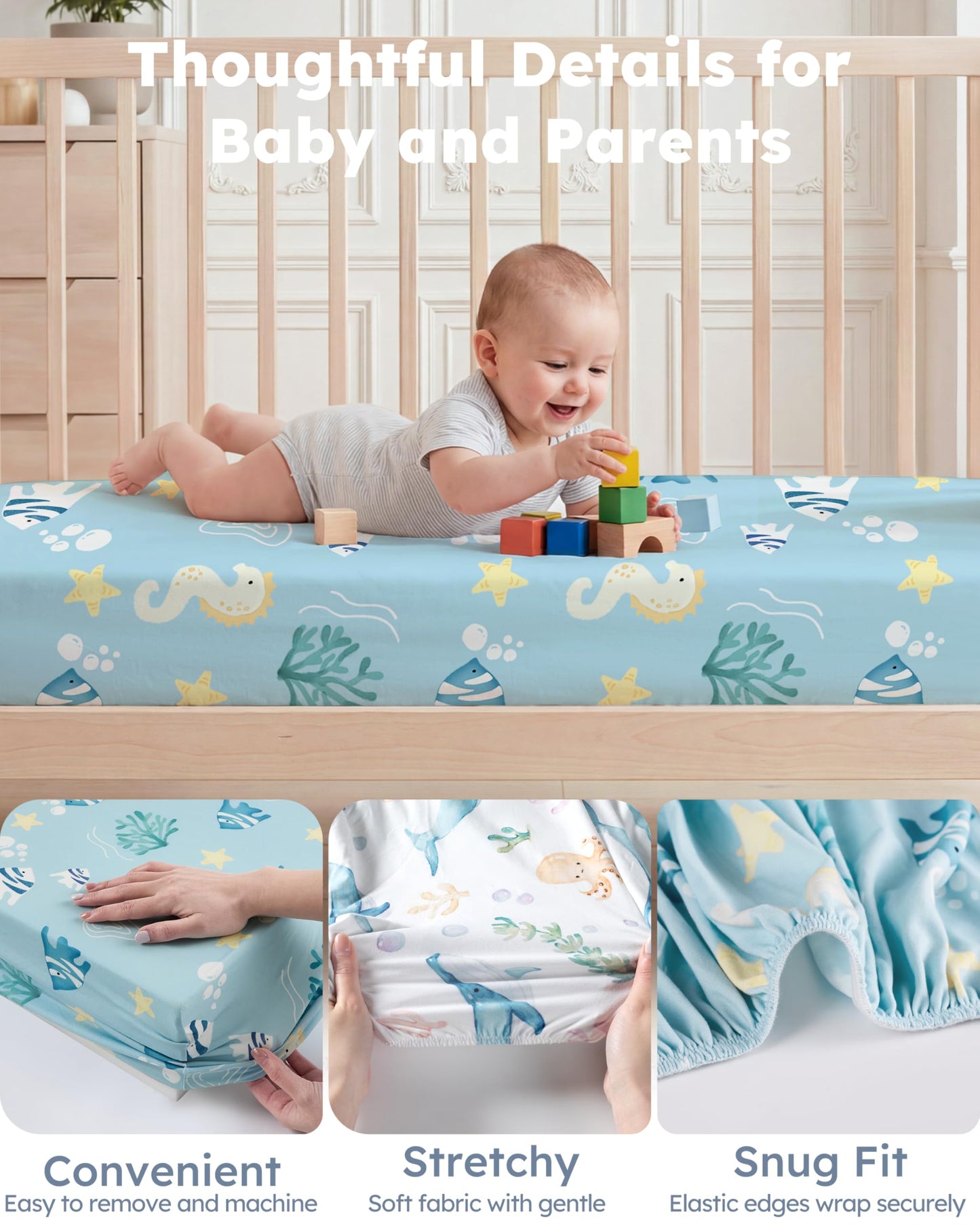 Nyessmee Pack and Play Sheets for Boys Girls, 38" x 26" Mini Crib Sheets Fitted for Pack n Play Mattress, Soft Breathable Playard Sheets, 2-Pack Blue Ocean