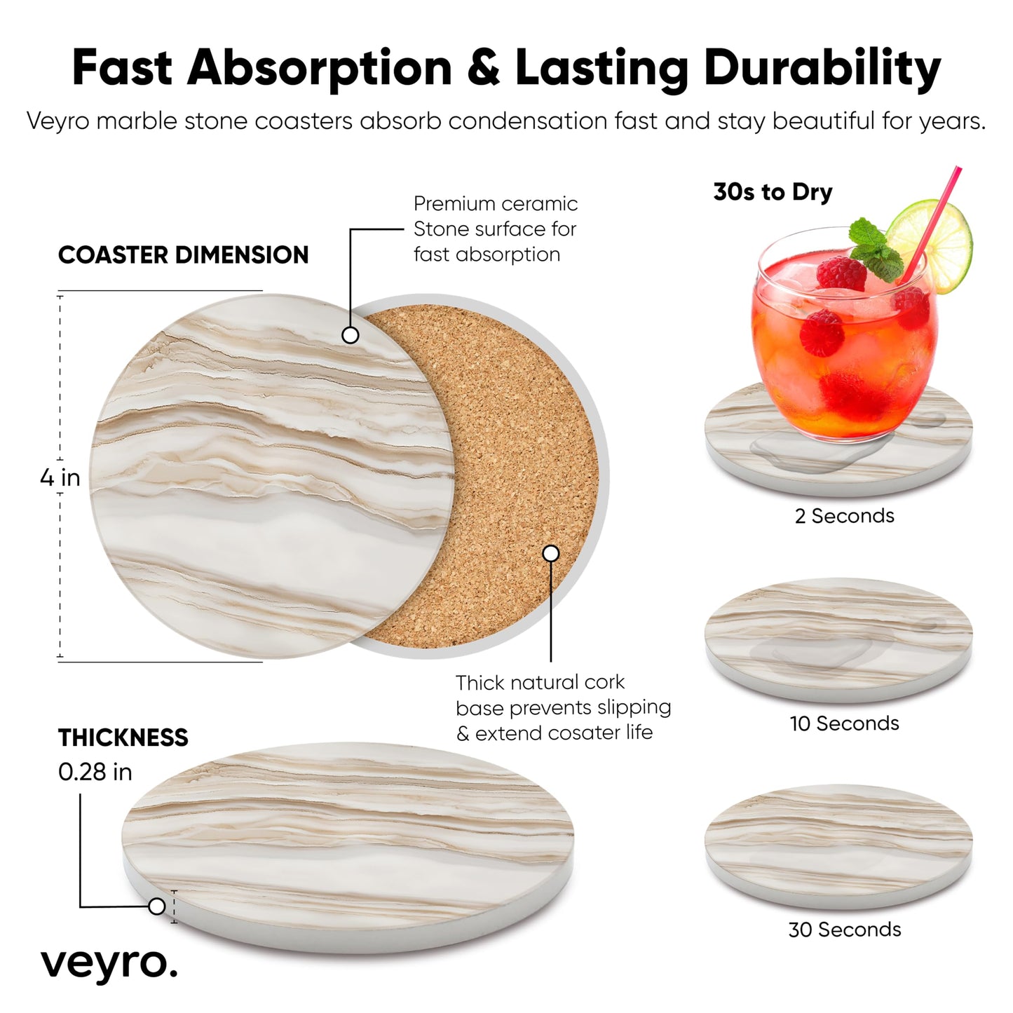 VEYRO Ceramic Coasters Set of 6 – Absorbent Stone Drink Coasters with Holder, Non-Slip Cork Backing, Modern Marble Look Coasters for Coffee Table, Desk & Home Decor