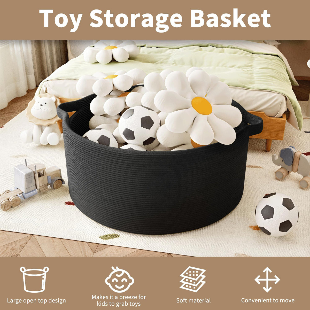 GOPAS 125L Extra Large Blanket Basket, 25" x 16", Jumbo Laundry Woven Baskets Decorative Home, Cotton Rope Basket with Handles, Baby Toy Baskets for Storage, Black