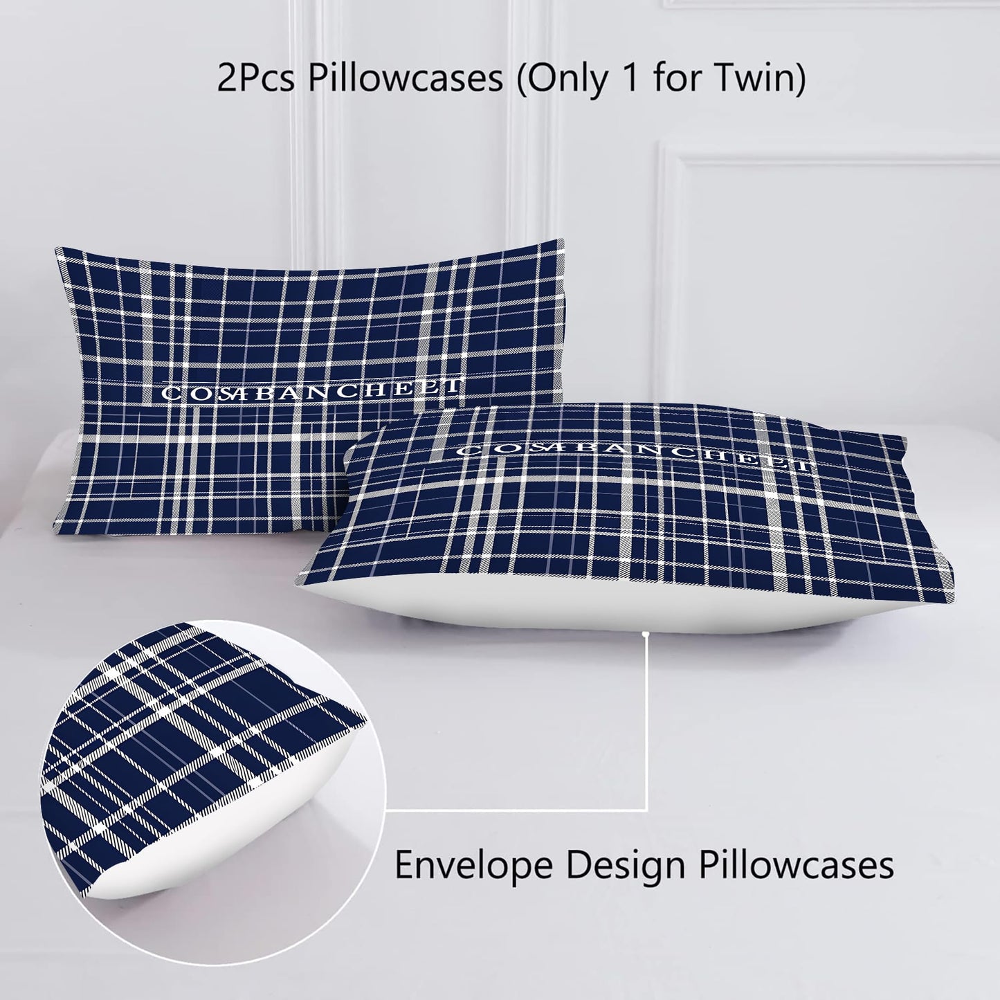 VTKON Navy Blue Plaid Comforter Set for Boys Queen Size, Classic Preppy Check Bedding Set for Boys Teens, Timeless Navy and White Bed Sets for Dorm with 2 Pillowcases