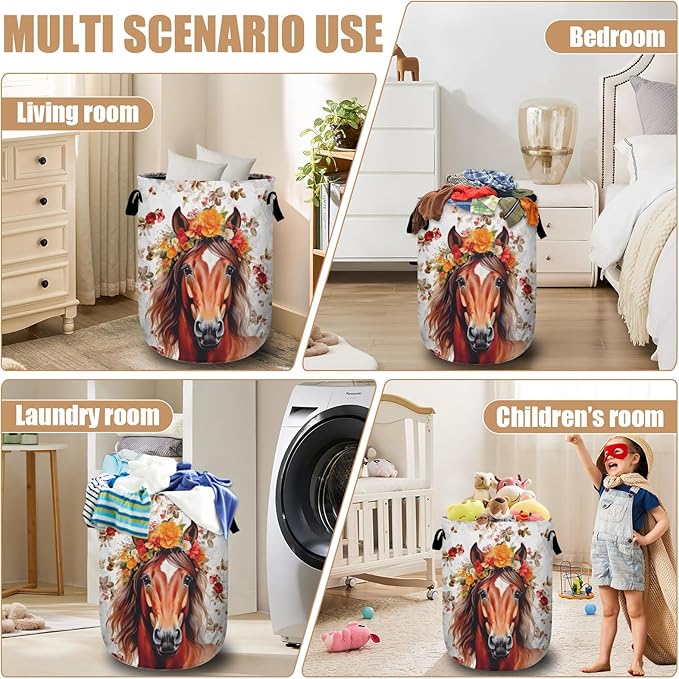 Watercolor Horse Laundry Basket, Foldable Waterproof Animals Floral Laundry