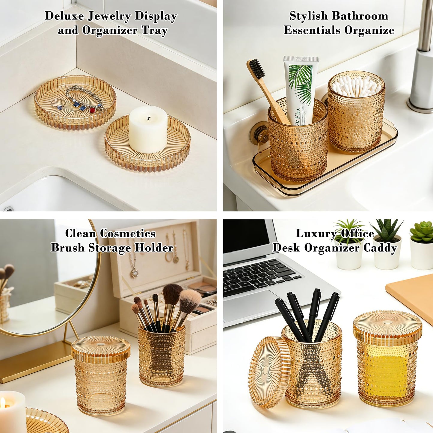 Flrolove 4-Pack Glass Qtip Holder Dispenser, 10oz Bathroom Organizers and Storage, Hobnail Cotton Round Holder for Qtips, Cotton Rounds, Balls & Floss Picks, Vanity & Makeup Apothecary Jars (Amber)