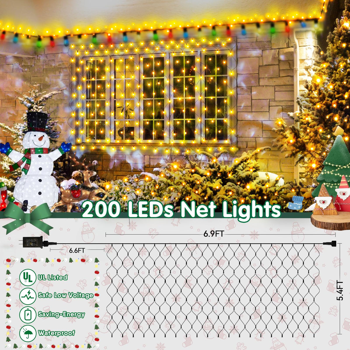 Hezbjiti Christmas Net Lights Outdoor 200 LED 6.9FT x 5.4FT Green Wire with 8 Modes, Connectable Plug in Waterproof, Timer Memory Function for Xmas Tree Bushes Porch Lawn Windows Decor（Warm White）
