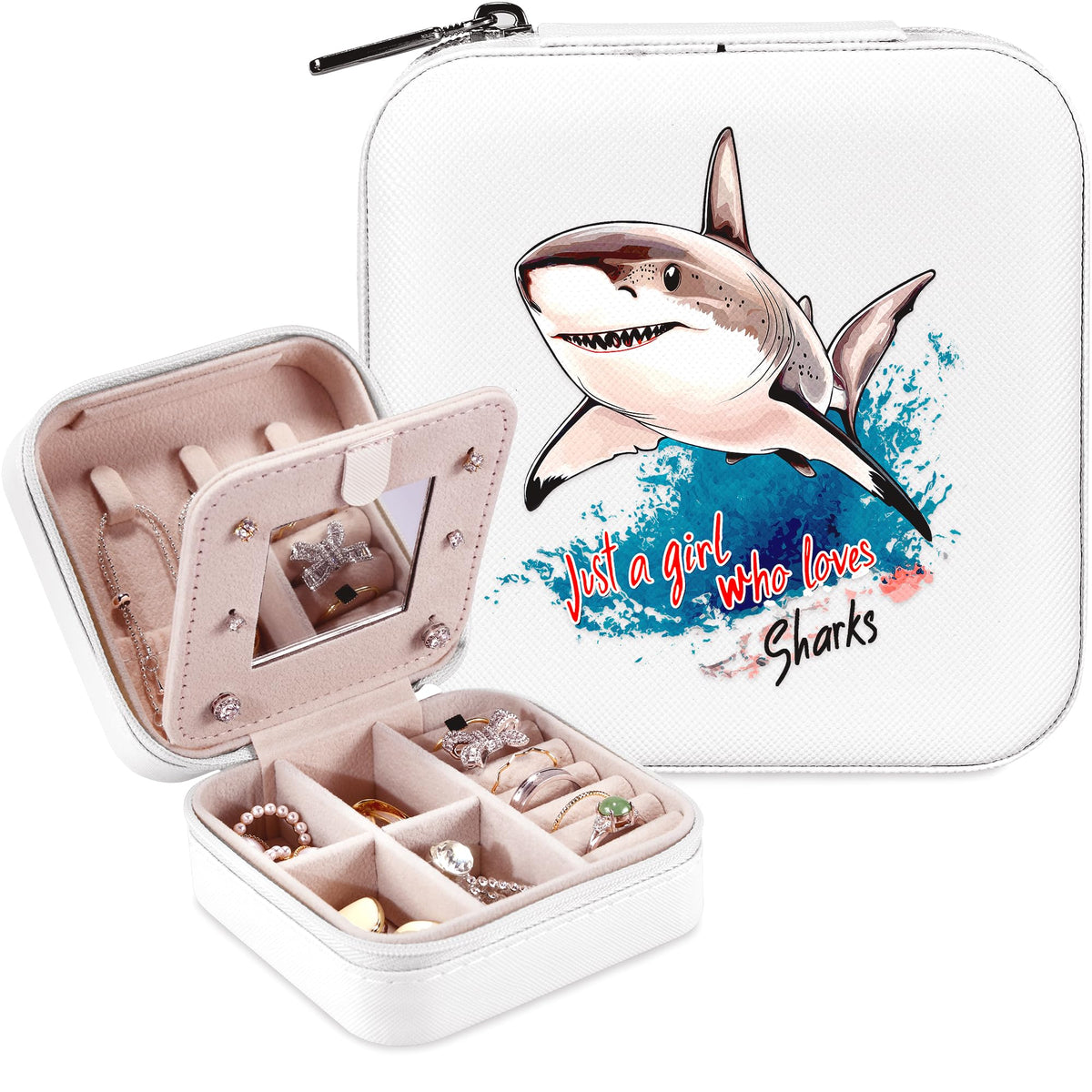 BJDAMAI Shark Jewelry Box, Gifts For Teens Girls Age 8-12, Shark Lovers Stuff Items Accessories Things Merchandise Decor Merch, Travel Ring Earrings Necklace Organizer Holder!