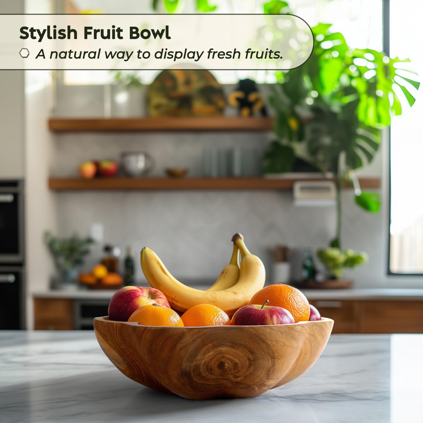 Spaceneat Wooden Fruit Bowl for Kitchen Counter - 11.8" x 3.2" Large Teak Wood Serving Bowl for Food, Salad, Bread or Home Decor - Handcrafted by Artisans in Indonesia - Dining Decorative Centerpiece
