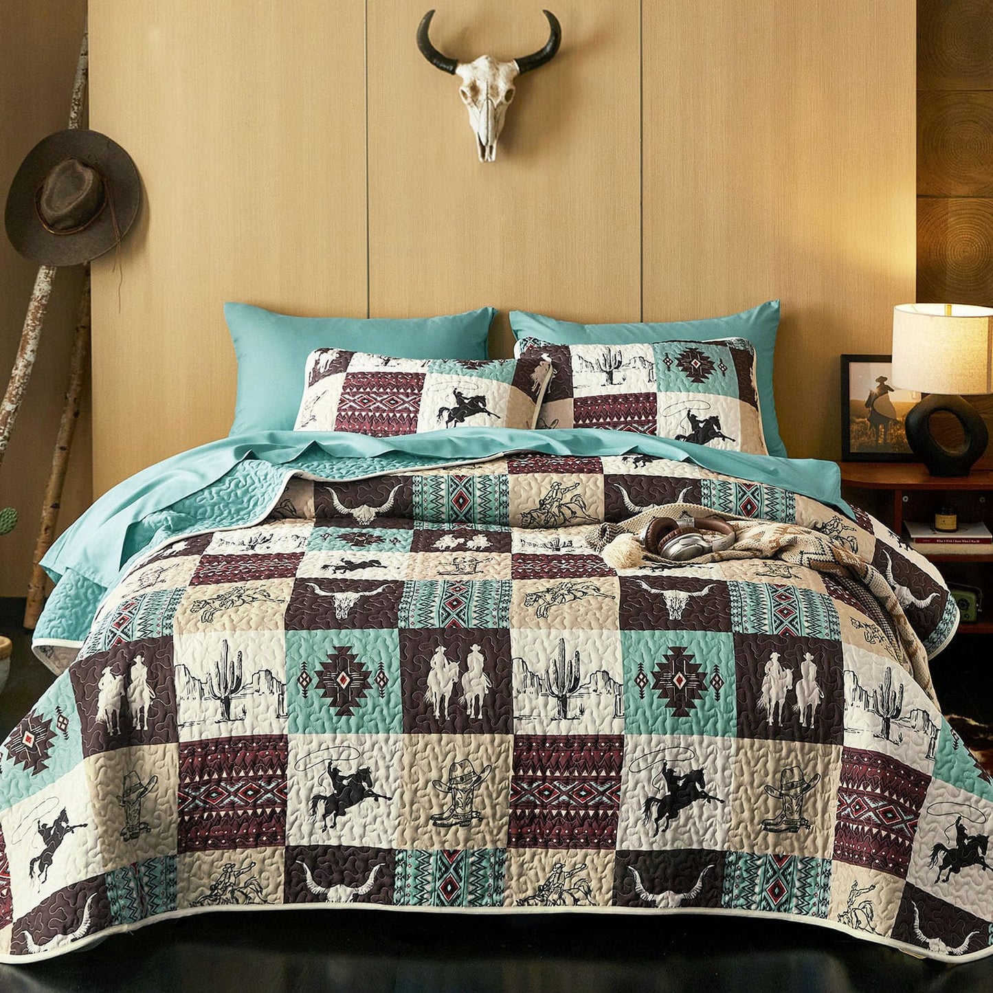 Wake In Cloud - Western Quilt Set, Southwestern Aztec Country Horse Cowboy Rustic Ranch Pattern Printed, Reversible Lightweight Bedspread Coverlet, 3 Pieces, Turquoise Taupe, Queen/Full Size