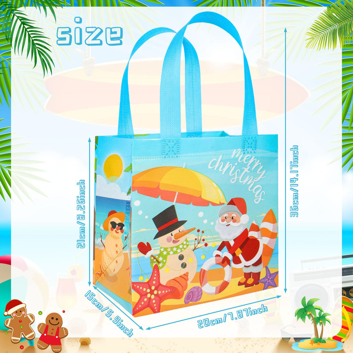 HOWAF 12 PCS Summer Christmas Decorations Gift Bags, Tropical Christmas Non-Woven Tote Bags with Handle Decoration, Beach Santa Goodie Bag for Hawaii Mele Kalikimaka Treat Bag
