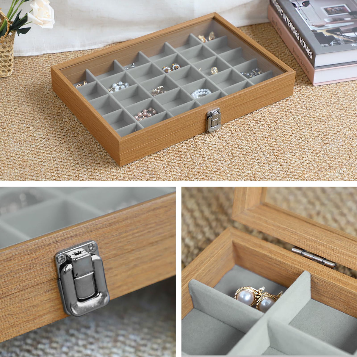 Wudygirl Jewelry Box for Women Wooden Jewelry Organizer 30 Grid Jewelry Box with Hinged Lid Earring Holder Organizer Jewelry Tray for Rings Bracelets Brooches (Gray 30 Grid)