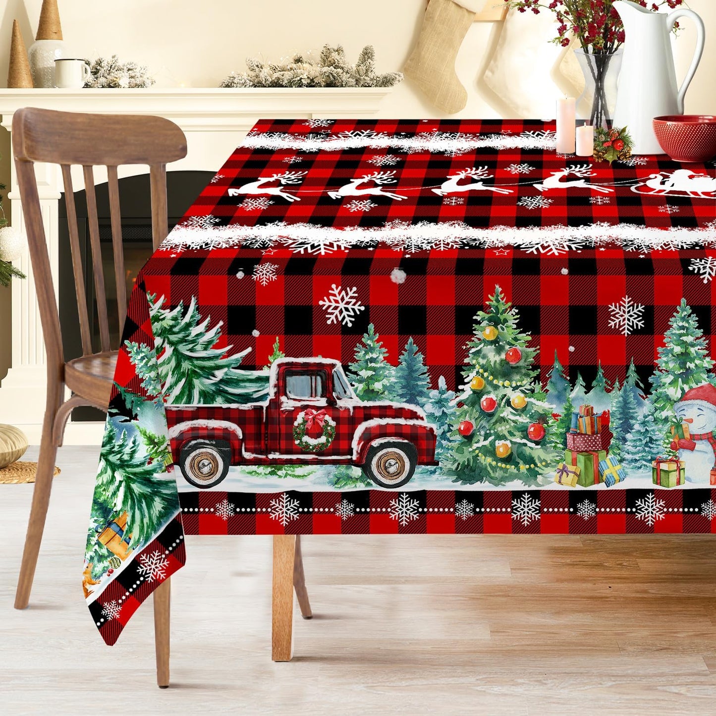 cusugbaso Christmas Tablecloth 60x120 Inches - Red Truck Party Decorations for Home - Christmas Table Cloth for Rectangle Table Xmas Holiday Buffalo Plaid Xmas Decor for Kitchen, Home