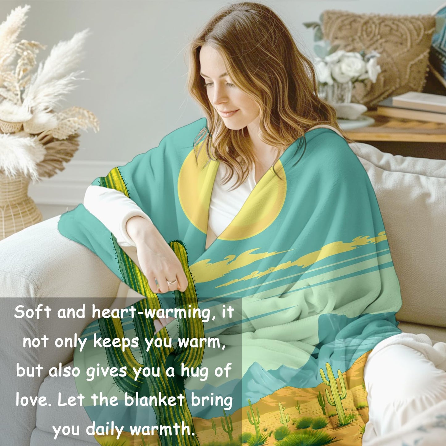 VANZEV Desert Cactus Throw Blanket Gifts for Women, Southwestern Style Blankets for Living Room Home Decor, Cozy Flannel Cactus Plush Throws 50"x60"