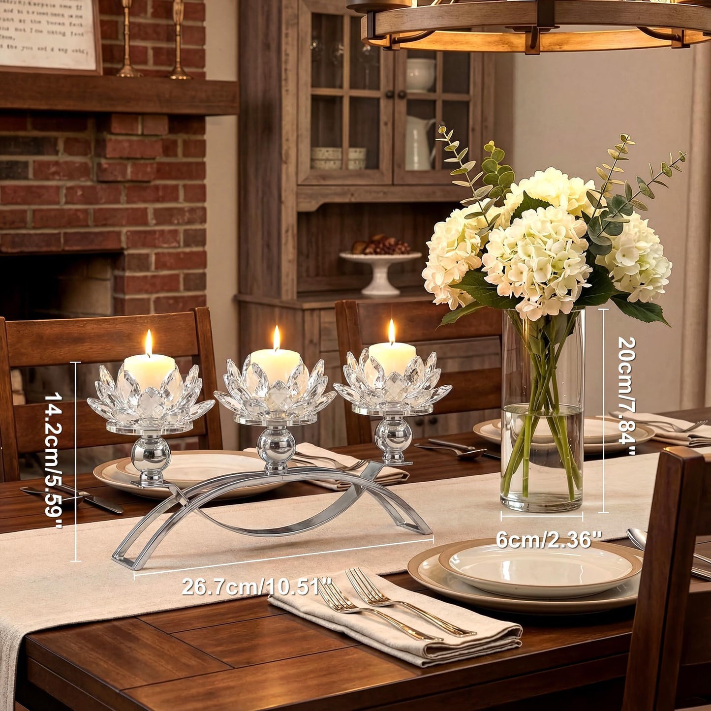 Dounx Crystal Candle Holder, 5.6" Tall Silver Centerpieces for Tables, 3-Arm Lotus Candelabra, Home Decor for Wedding, Dining Room, Coffee Table and Living Room (10.5" L, Fits Tealight Candles)