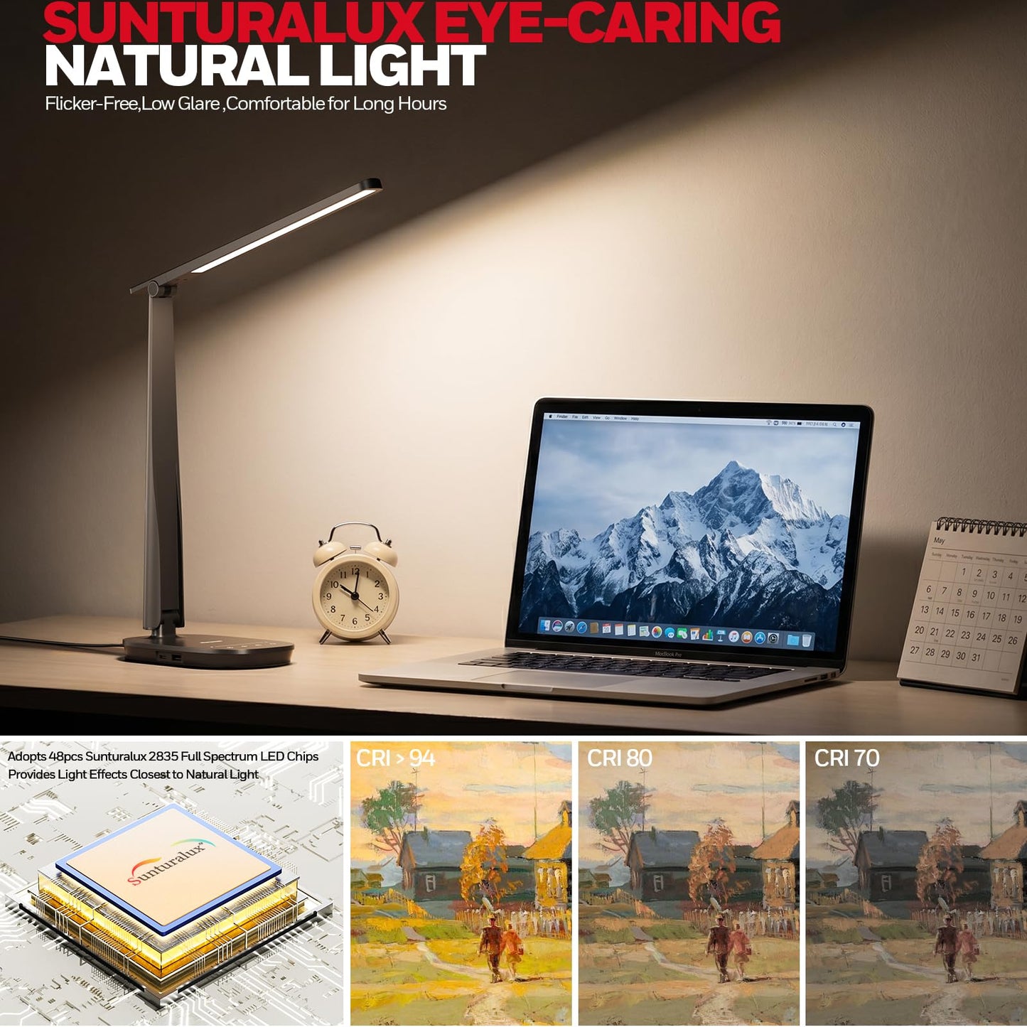 Honeywell LED Desk Lamp for Home Office, Eye-Caring Dimmable Reading Light with 4 Color Modes, Touch Control, USB-A & USB-C Charging Ports, Adjustable Head, Timer for Bedroom & Small Desks