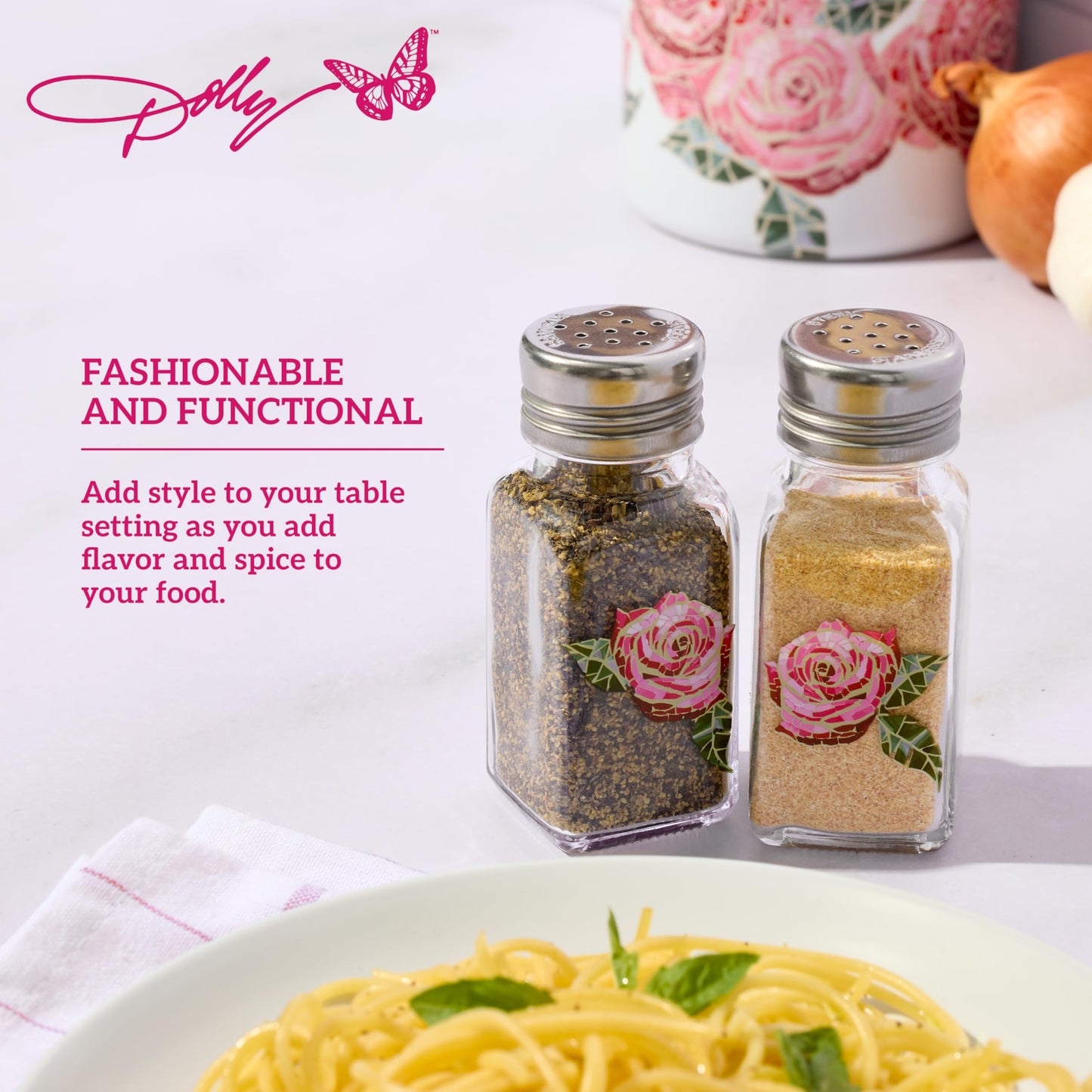 Dolly Parton Glass Salt and Pepper Shakers with Mosaic Rose Design, Easy to Fill, Set of 2, 3 Ounce