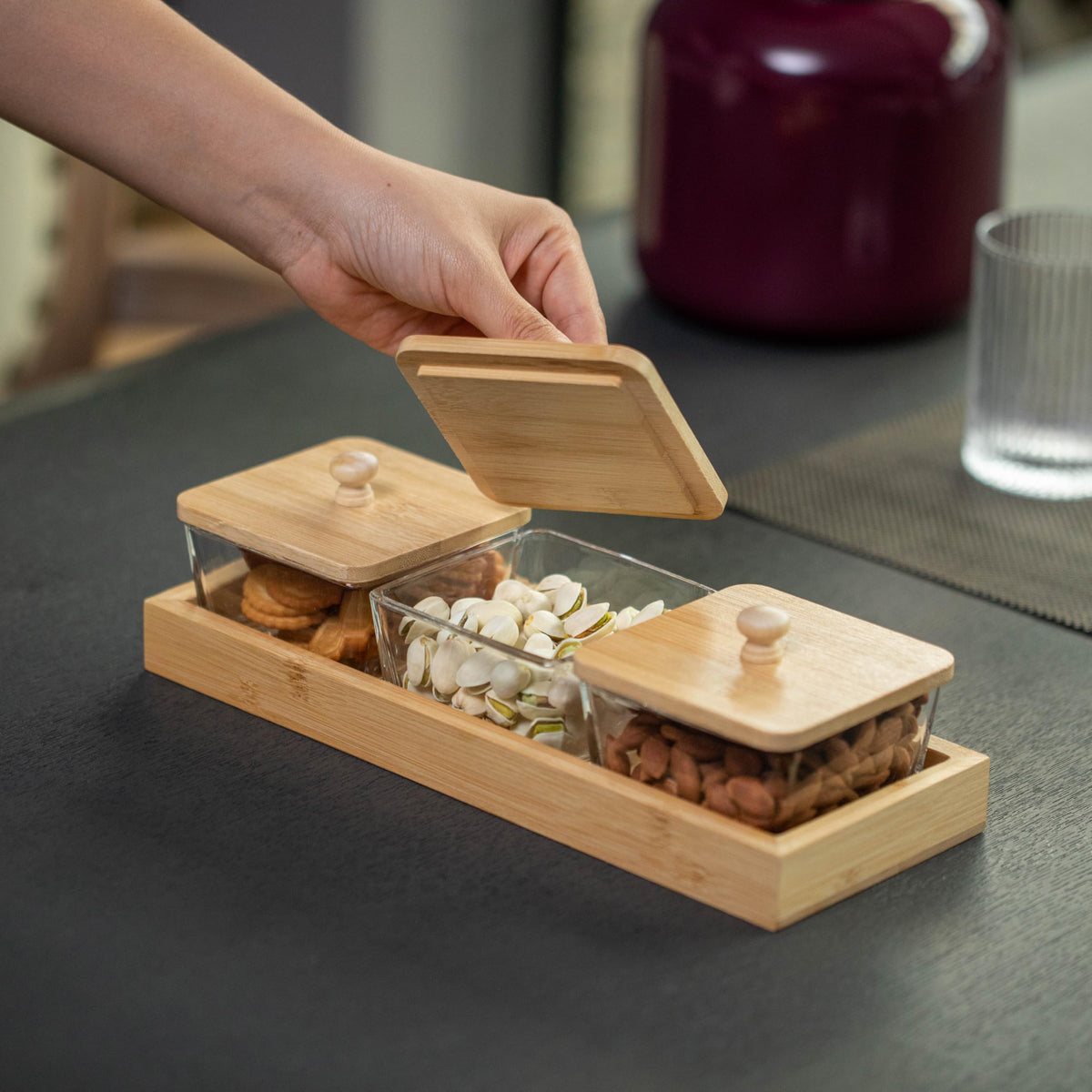 Basicwise Set of 3 Square Glass Jars with Bamboo Lids and Wooden Tray – Rectangular Charcuterie, Snack Organizer and Fruit Platter for Party, Candy Jars, Cookies, Nuts, Fruits and Snack Box
