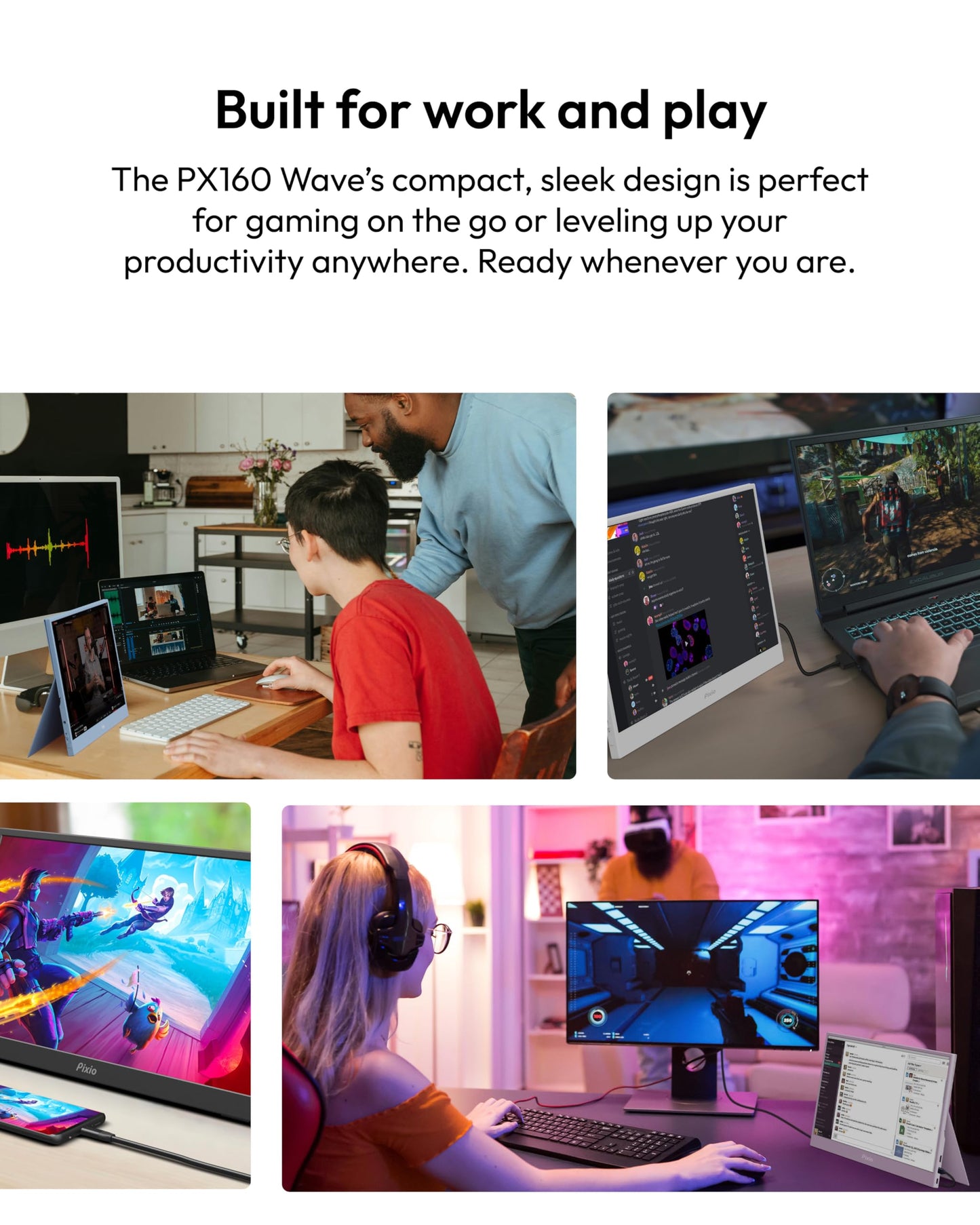 Pixio PX160 Wave Pink Portable Monitor 15.6 inch 60Hz FHD 1080p IPS Panel HDR Screen Cover Stand USB-C HDMI Laptop Screen Extender Portable Monitor for Laptop, PC, Console, Phone