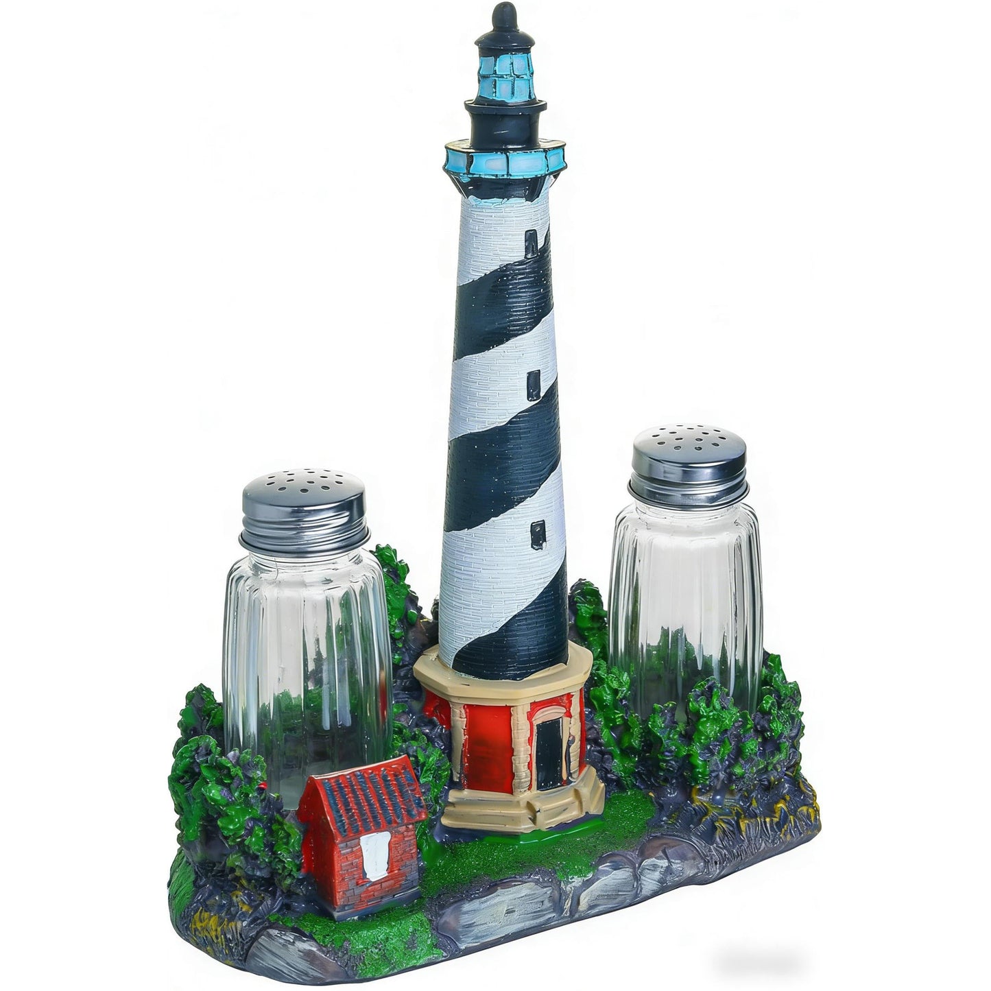 Coastal Lighthouse Salt and Pepper Shaker Set - Bodie Island Lighthouse Decor with Glass Seasoning Bottles, Nautical Kitchen Decor for Beach House, Coastal Themed Accessories and Table Centerpiece
