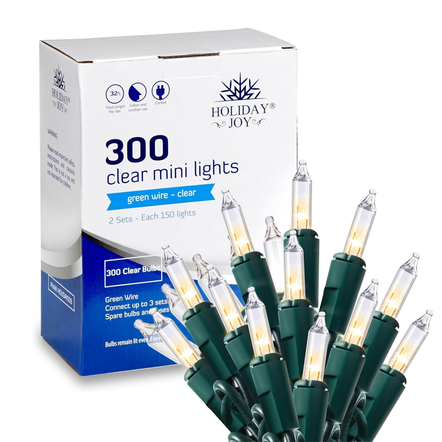 Holiday Joy - 300 Count Warm White Christmas Lights Outdoor, 32FT Length Per Set Incandescent Christmas Lights Indoor, Corded Tree String Lights for Xmas Decorations (Green Wire)