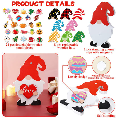 Qunclay 33 Pcs Interchangeable Wooden Gnome Decor Summer 4th of July Patriotic Gnome Decor with Magnet and Detachable Hats Holiday Table Centerpieces for Home(Classic)