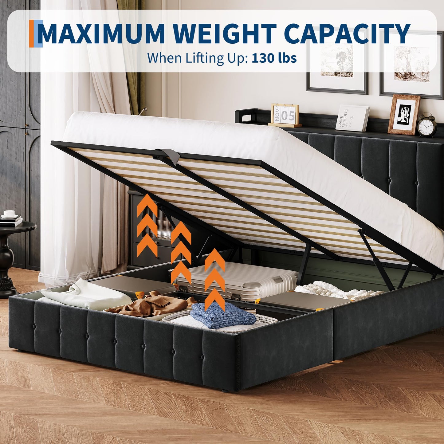 GAOMON Full Size Lift Up Storage Bed Frame with Headboard, Upholstered Platform Bed with Hydraulic Storage, Button Tufted Velvet Bed Frame with Under Bed Storage, No Box Spring Needed, Black