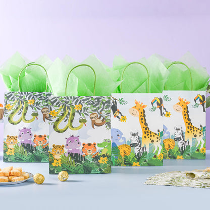 36 Pack Medium Jungle Safari Woodland Animal Themed Paper Gift Bags with Handles and Green Tissue Paper for Birthday Baby Shower Party Favors Goodies Treats, 10x8x4 Inch (2 Assorted Designs)