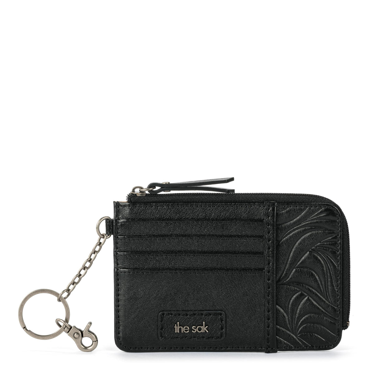 The Sak Iris Wallet in Leather, Elevated Card Holder with Keychain, Black Leaf Embossed II