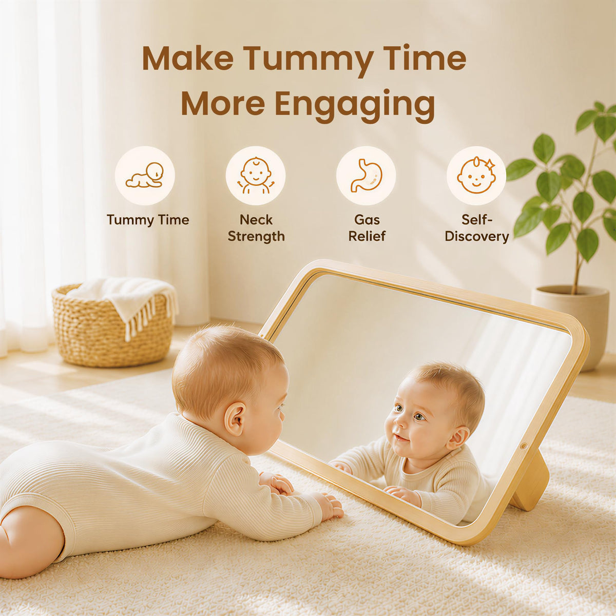 Woodtoe Montessori Mirror with Bar, Adjustable Tummy Time Floor Mirror, Baby Pull to Stand Toys, Natural Unpainted Solid Wood Frame, Baby Pull Up Bar, Developmental Toys for Nursery (Small Size)