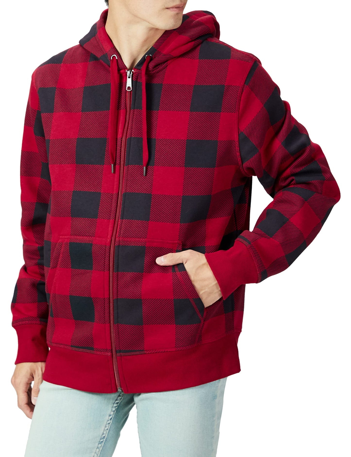 Amazon Essentials Men's Full-Zip Fleece Hoodie (Available in Big & Tall), Black Red Buffalo Plaid, X-Large