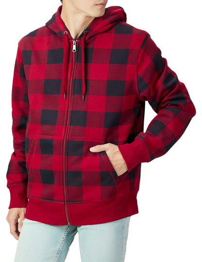 Amazon Essentials Men's Full-Zip Fleece Hoodie (Available in Big & Tall), Black Red Buffalo Plaid, X-Large