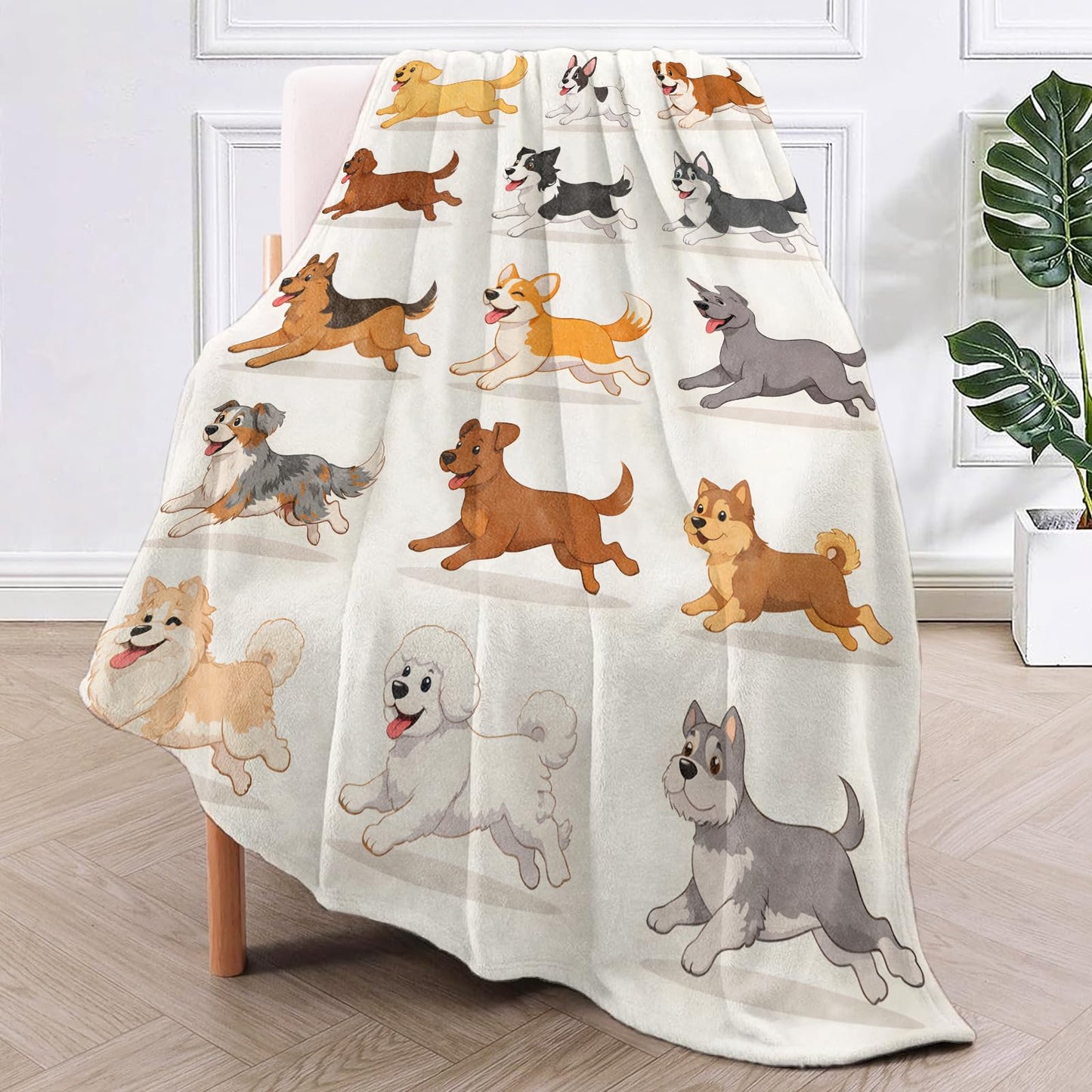 TRYYN Playful Running Dog Throw Blanket, Adorable Cartoon Puppy Theme, Soft Flannel Fleece, 50x60 Inch, Couch Bedroom Playroom Blankets for Dogs Lovers, Cozy Funny Pet Home Decor Gifts