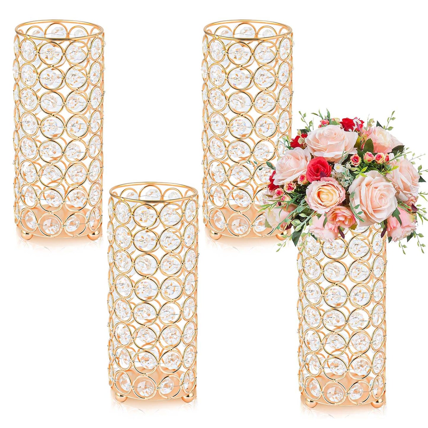 Elegant Crystal Column Vase/Candle Holder, Cylinder Flower Display Tabletop Centerpiece for Weddings & Home Decor (4, Gold)