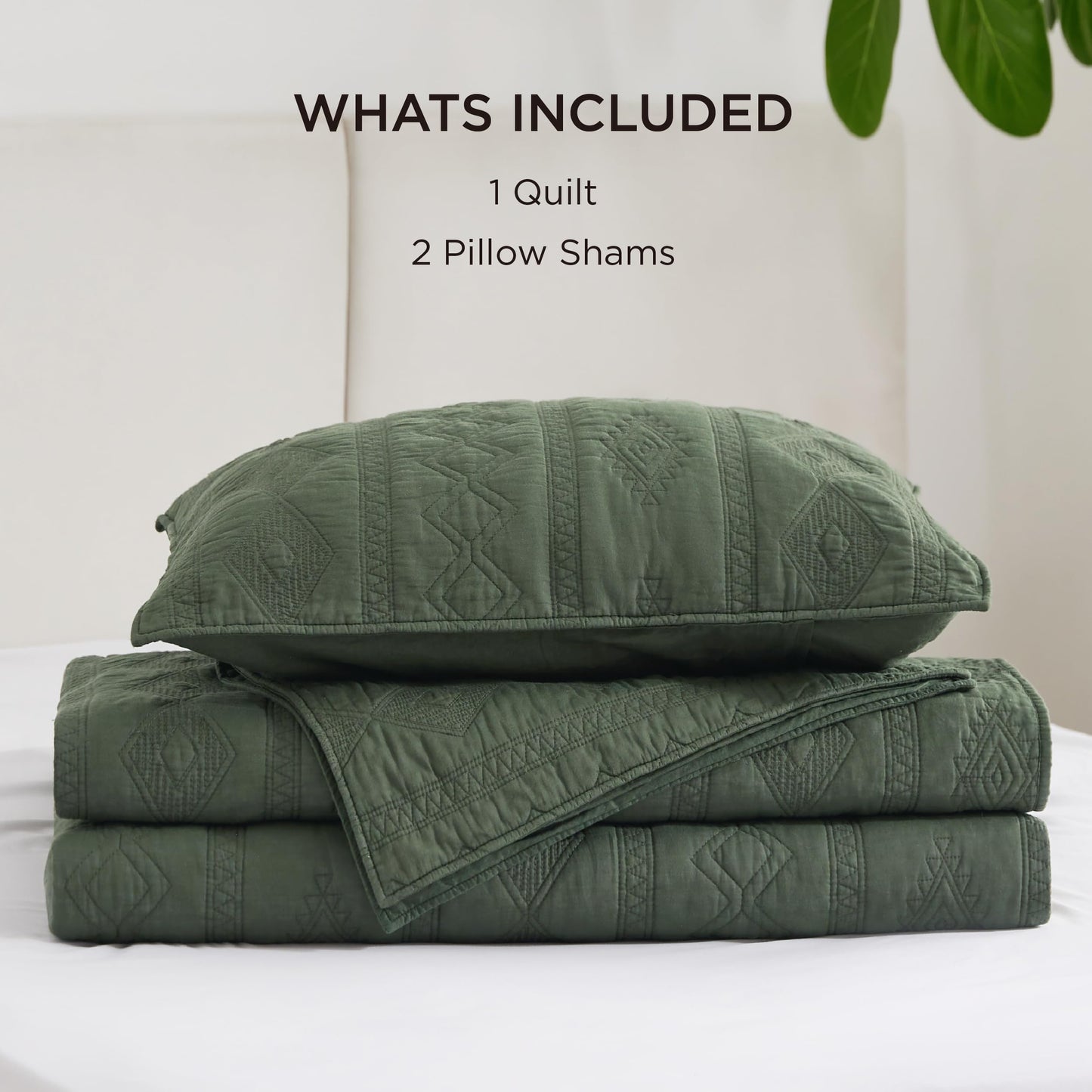 Bedsure 100% Cotton Quilt Set - Queen Size Bedspread, Lightweight Soft Bed Coverlet, PureWoven, 3-Piece Cozy Stitching Quilt Set with 2 Pillow Shams in Geometric Pattern, 90x96, Olive Green