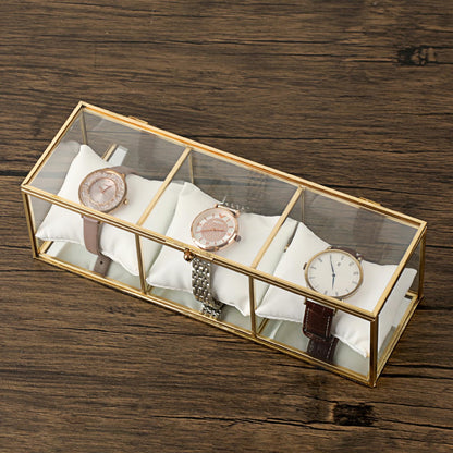 JUXYES Clear Glass Watch Display Case with 3 Slots, Luxury Brass Glass Watch Organizer Holder Stand with White Watch Pillow, Modern Transparent Watch Collection Box for Men and Women, Gold