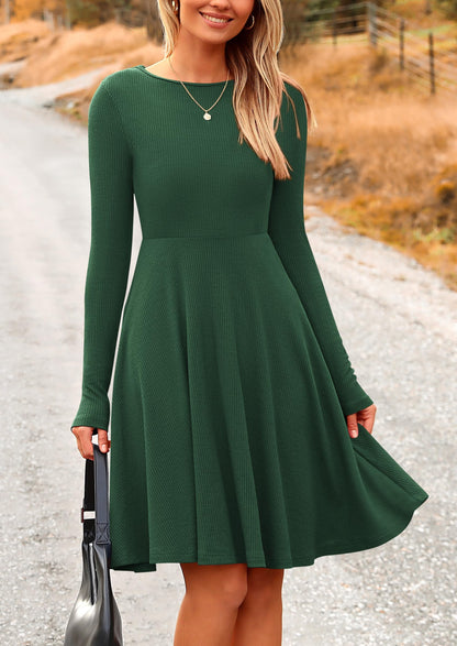 PRETTYGARDEN Women's Fall Short Dress Ribbed Knit Crewneck Long Sleeve A Line Flowy Casual Elegant Going Out Winter Dresses (Dark Green,Large)