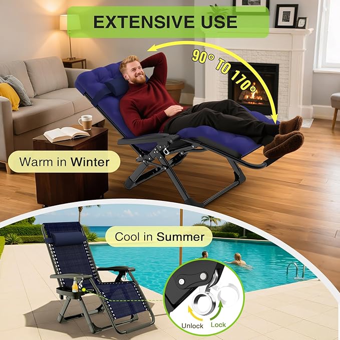 Suteck Zero Gravity Chair, Reclining Camping Lounge Chair w/Removable Cushion, Upgraded Lock and Cup Holder, Reclining Patio Chairs Folding Recliner for Indoor and Outdoor