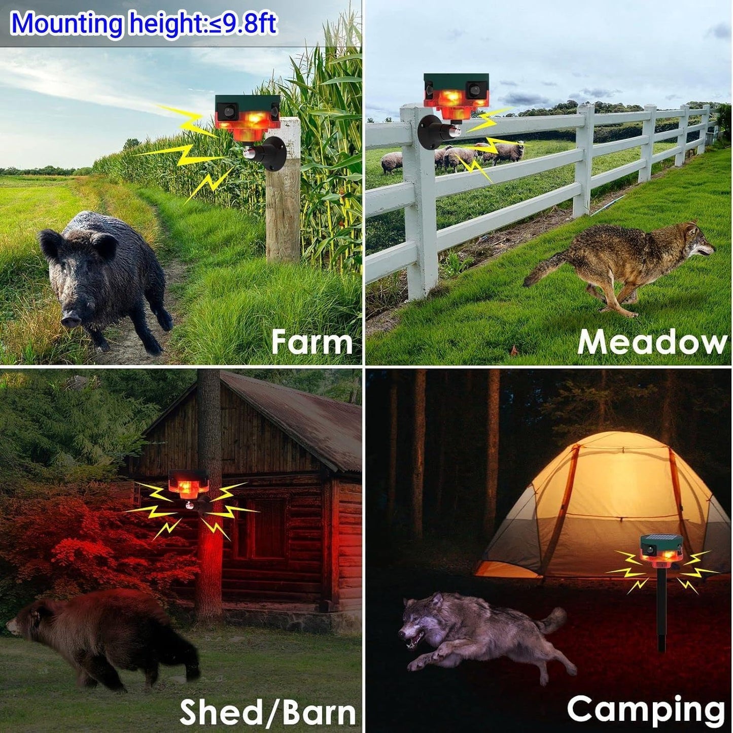 HULPPRE Solar Outdoor Motion Sensor Alarm-Dog Barking&Gunshot Sound,Support Recording,130db Loud Noise Maker,13 Kinds of Sound Strobe Light with USB,Say Goodbye to The Intruders