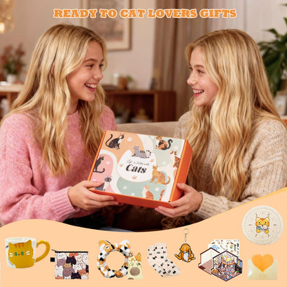 SNAIL GARDEN 10PCS Cat Gifts for Cat Lovers, Cat Gifts for Women with Ceramic Mug, Coaster, Coin Purse, Headband, Keychain, Socks, 3D Miniature Sticker, Cat Mini Box, Greeting Card & Gift Box