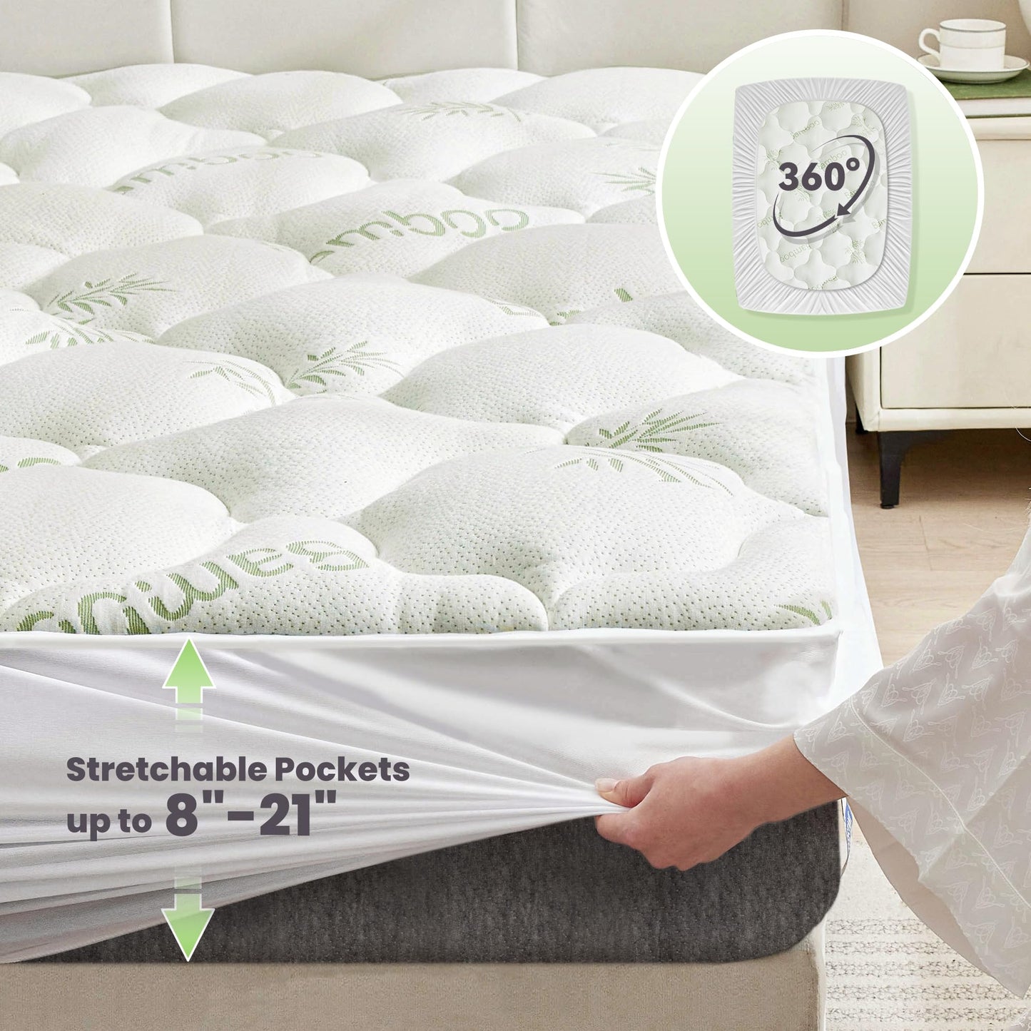 BDEUS Queen Mattress Topper Viscose Derived from Bamboo Extra Thick Mattress Pad, Ultra Soft Cooling Mattress Protector Cover with 21" Deep Pocket for Back Pain Relief