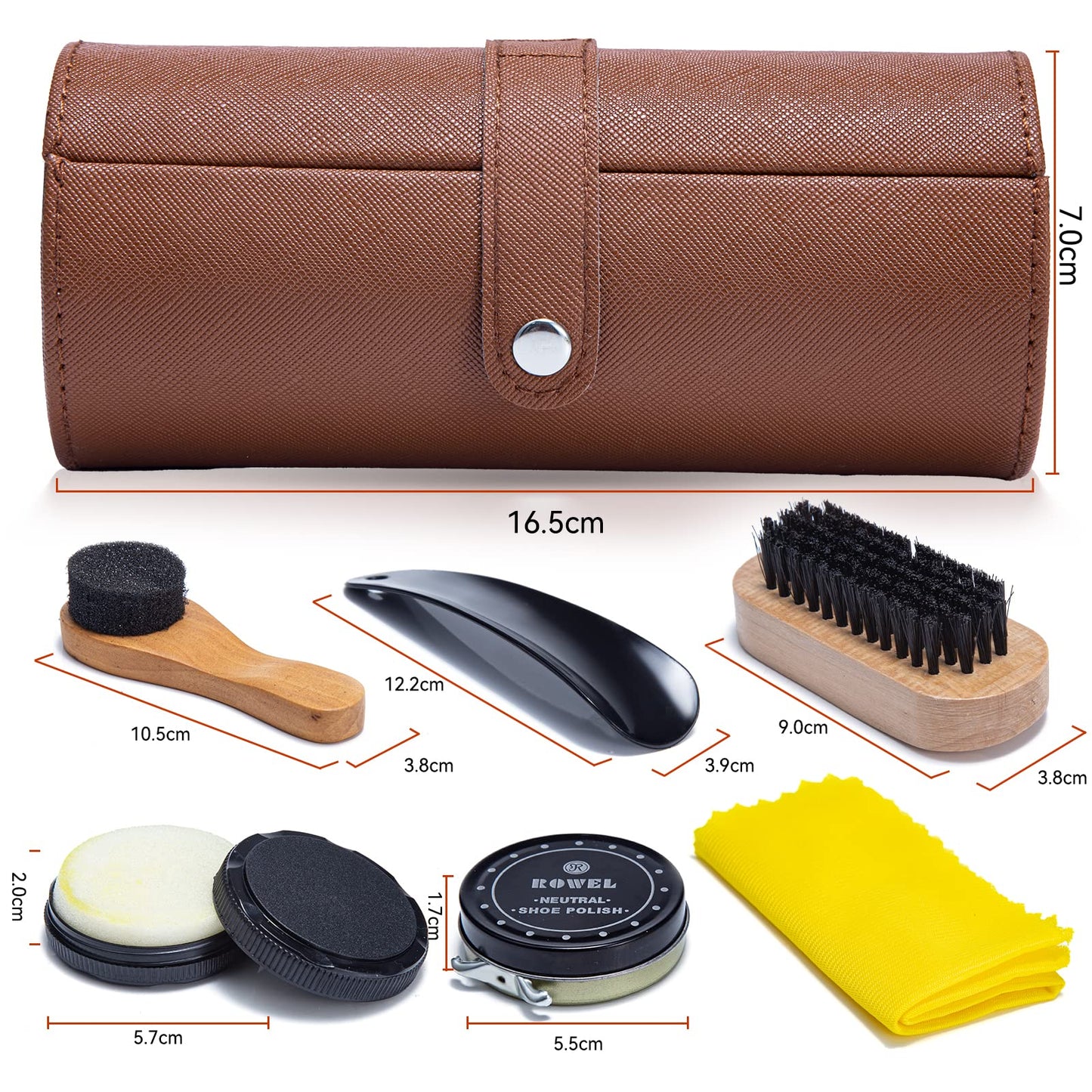 YUET Shoe Polish Kit Cleaning Shine Care Barrel Set For Brown Black Leather With Brush Travel Case Luxury Premium Soft Horsehair Bristle Dauber, Wooden Applicator, Shoehorn, Cloth 7 Piece