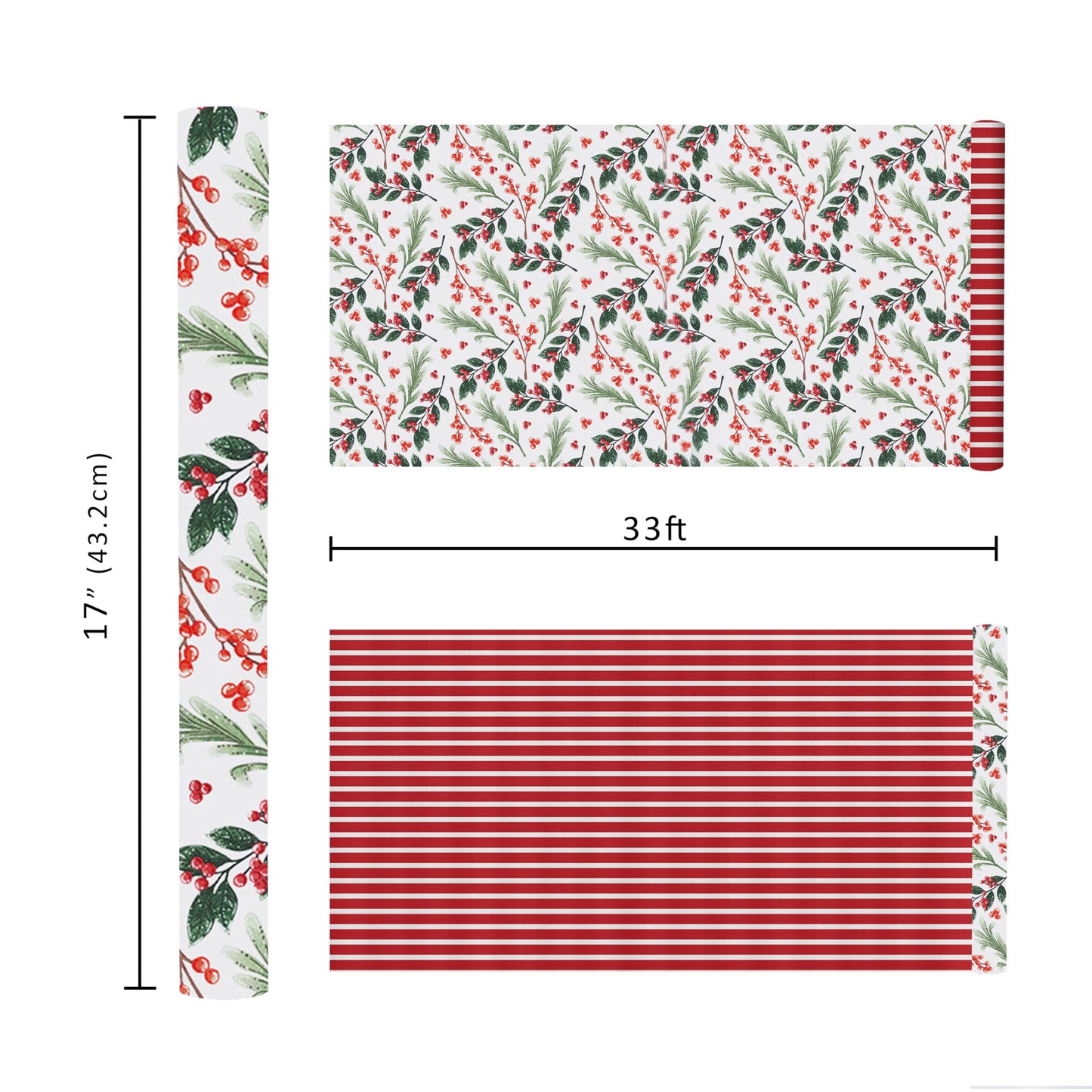 LaRibbons Reversible Christmas Wrapping Paper Roll, Vintage Red Berries & Red Stripe Gift Wrap for Christmas, Season Party, Xmas, 17 Inch x 33 Feet
