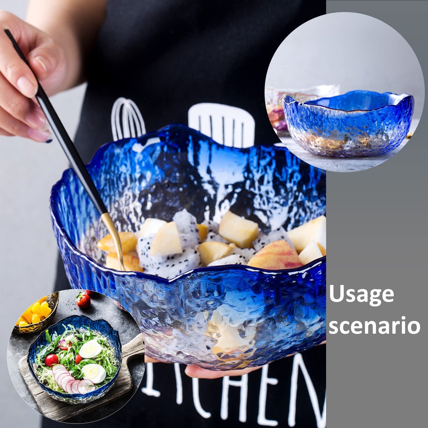 Halyuhn 8 Inch Blue Clear Glass Salad Bowl, 50 OZ Irregular Mixing Bowl with 3 Inch Wall, Decorative Hammered Round Serving Bowl with Wavy Edge for Fruit, Candy Dish, Dining Party, L
