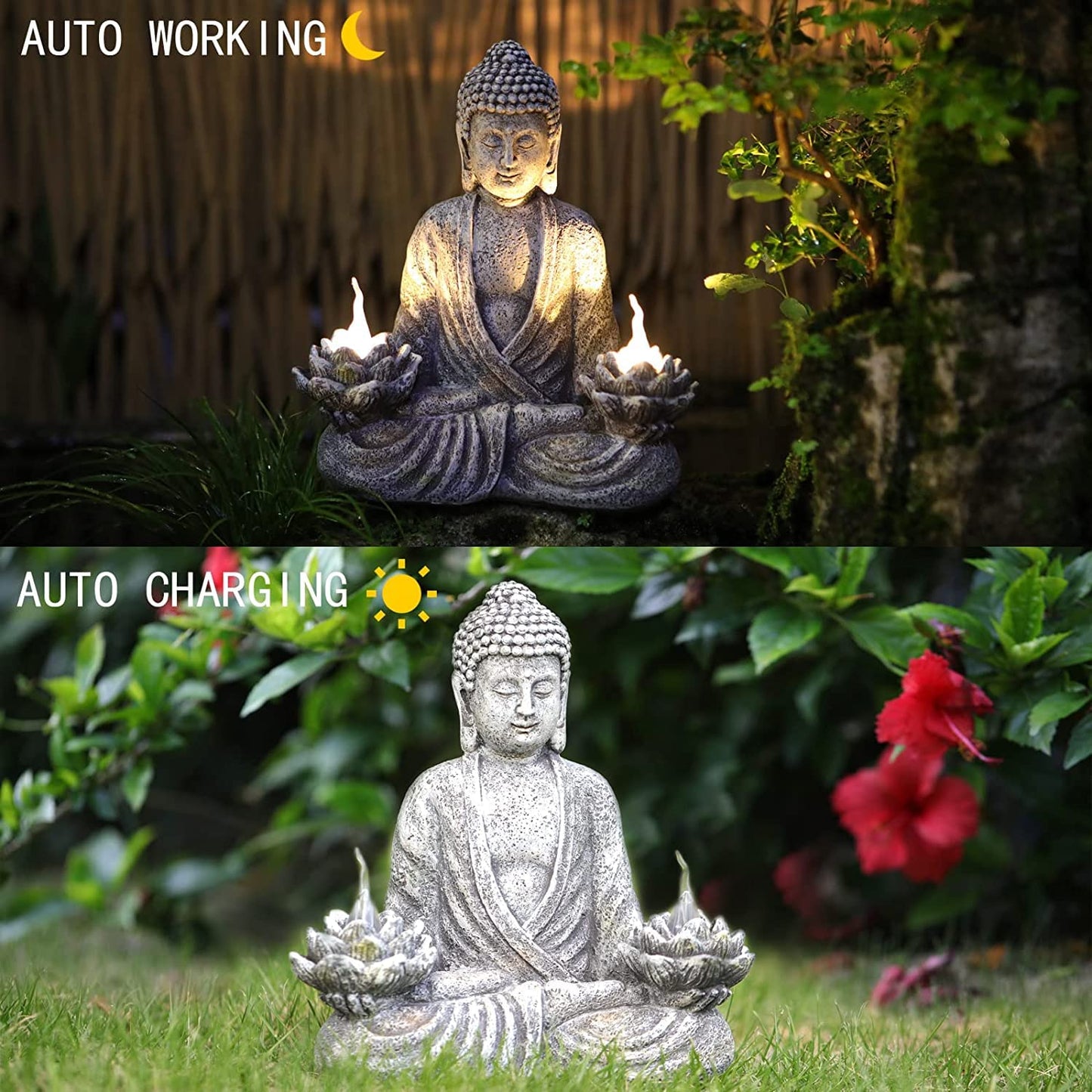 IVCOOLE Buddha Statue Zen Sculpture 11.4in Yoga Garden Decor with LED Solar Lotus Lights, Sitting Meditating Buddha Serene Resin Figurine for Patio Yard Lawn Ornaments,Inside or Outside